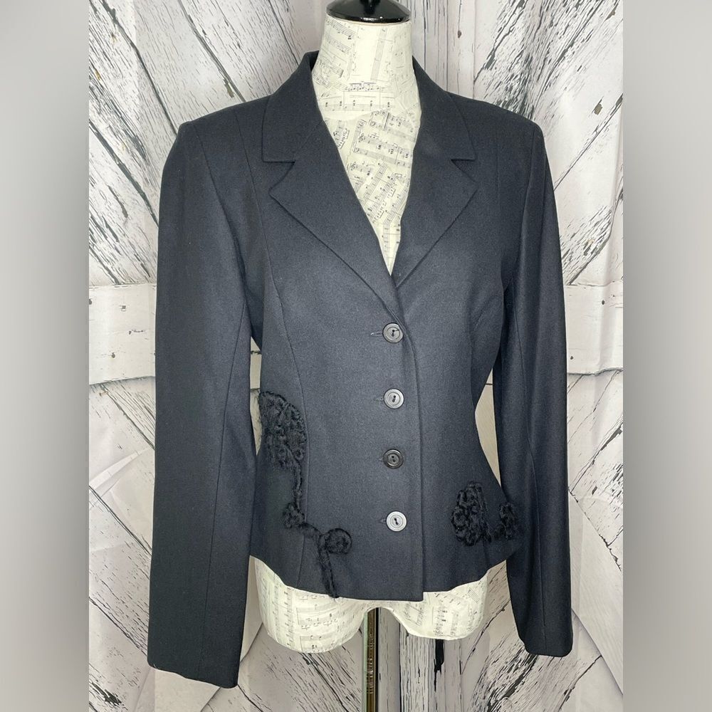 VINTAGE Beverly Mehe Black Wool Fitted Jacket Blazer Embellishment 10